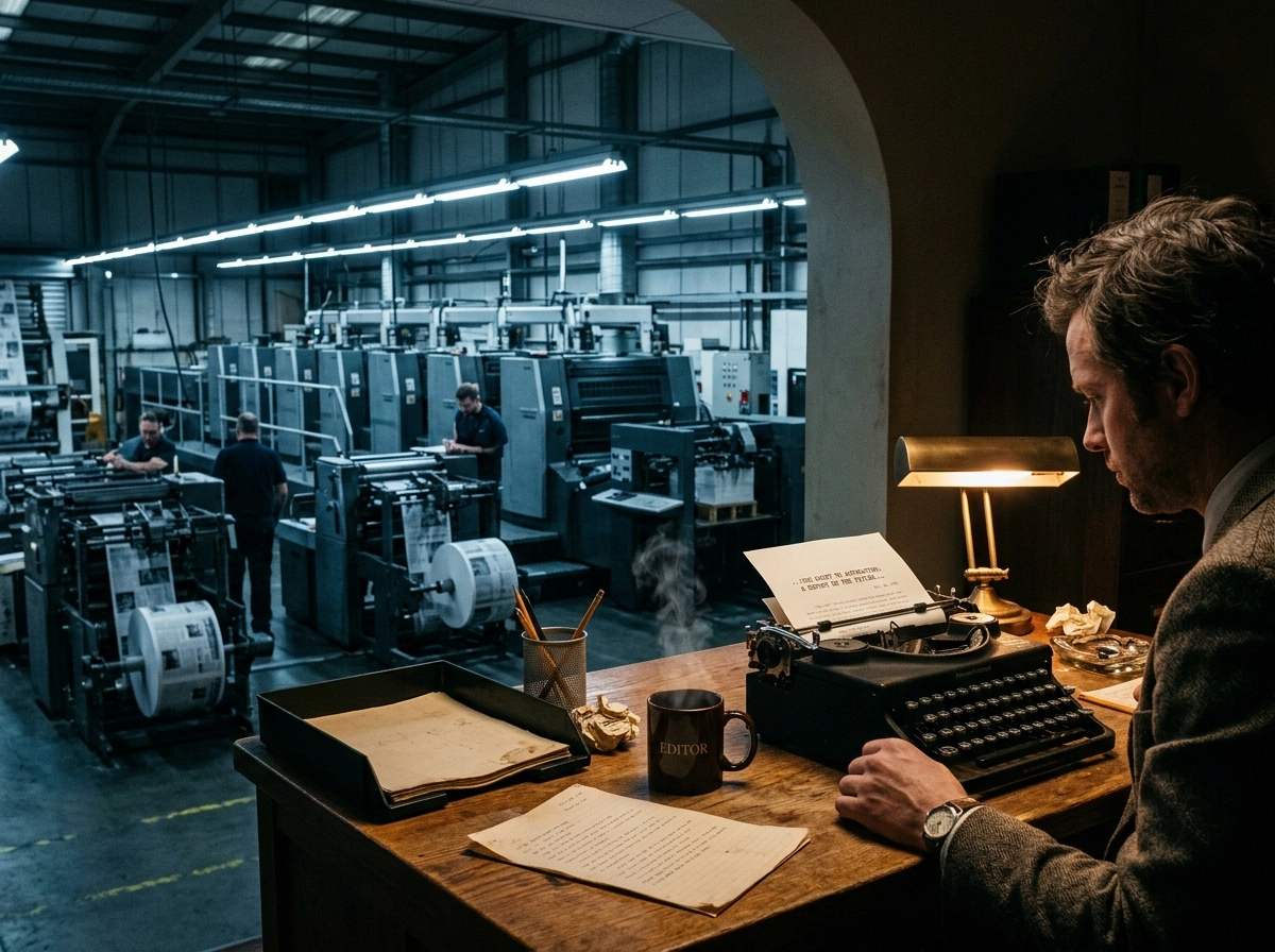 An editor using a typewriter, contrasting with automated article publishing in a printing factory.