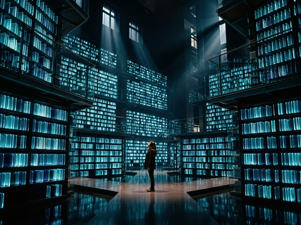 Person in a futuristic library analyzing content quality from an automated content creation tool.