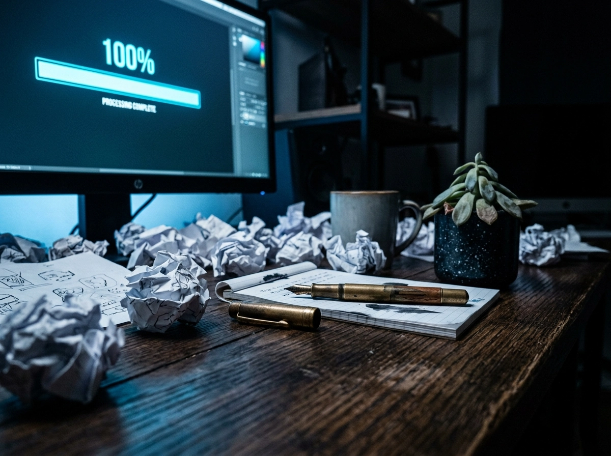 A messy desk with a content optimization tool screen showing 100% progress for writing better blog posts.