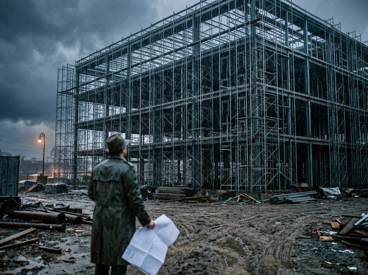 A man in a trench coat looking at a building site, representing the need for an seo content writing software.
