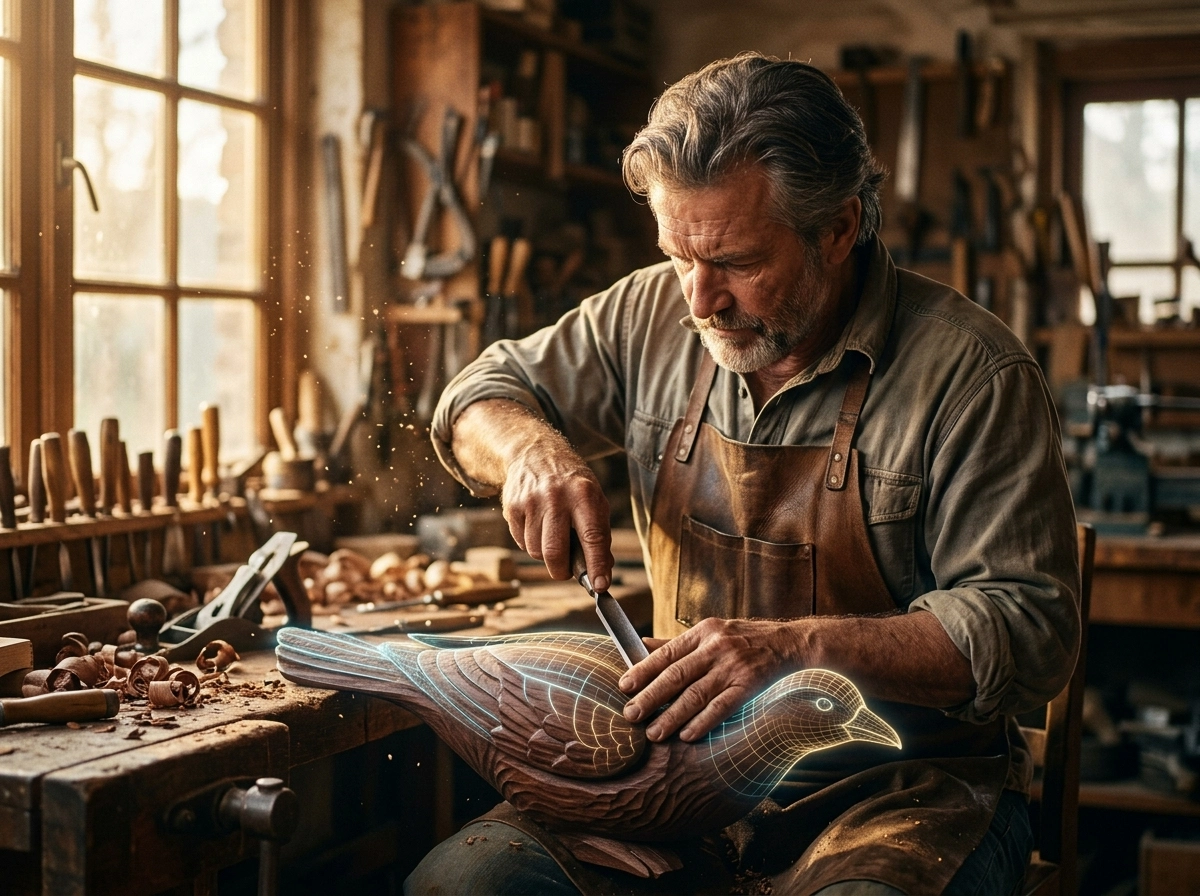 A craftsman carving a wooden bird, symbolizing the precision of using an seo copywriting aid for quality.