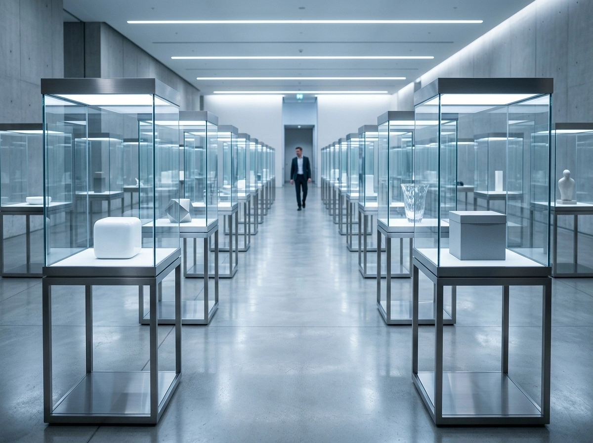 A man walking through a gallery of glass displays, representing the precision of semantic search software.