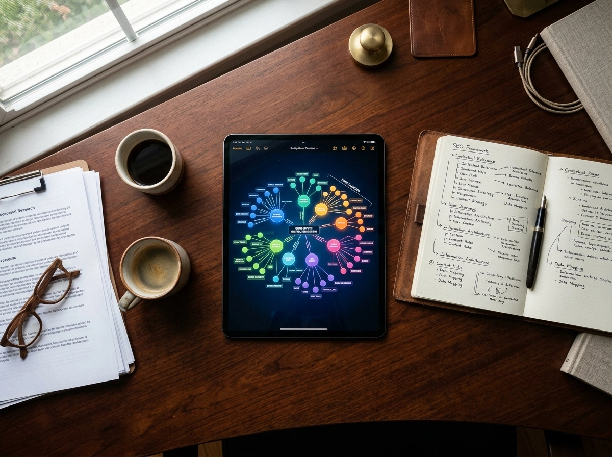 A desk with a tablet showing a mind map, illustrating how to optimize blog content with seo tools.