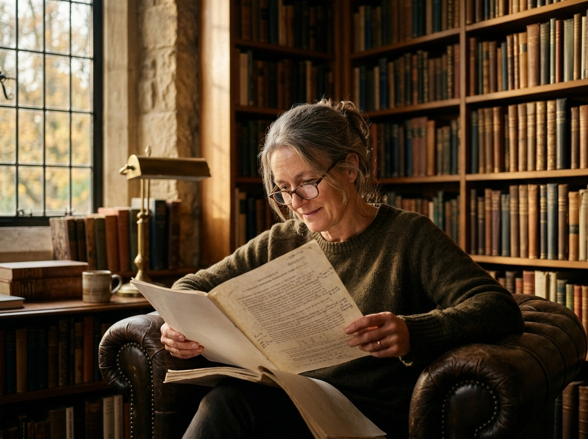 Woman reading in a library, using SEO content writing software to optimize blog content.