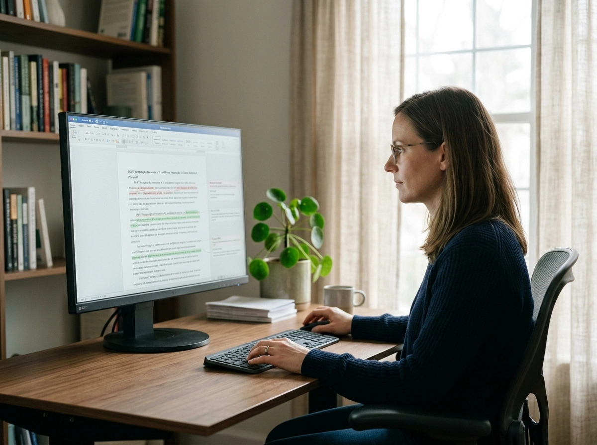 Woman using generative AI for blogs to review automated draft creation on a desktop computer monitor.