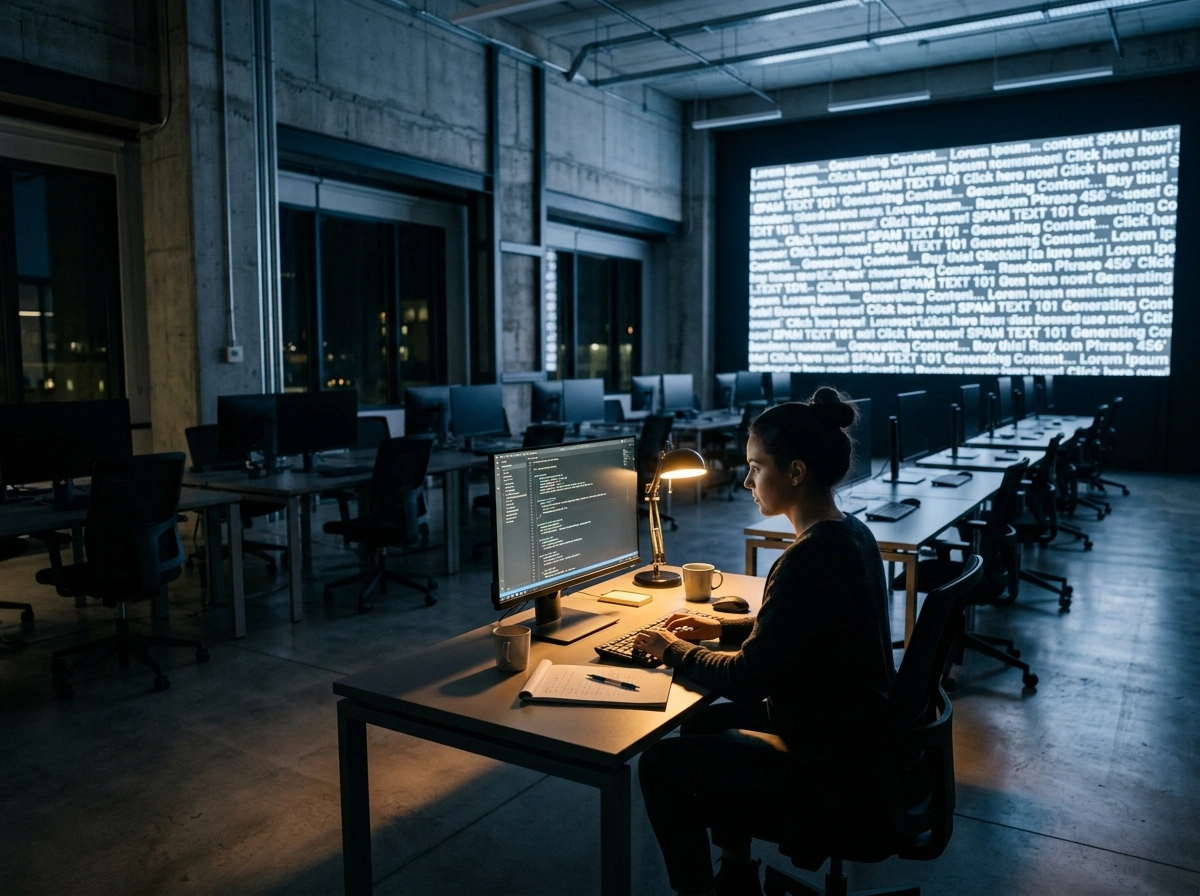 A developer using automated draft creation tools in an office to manage ai writing risks.