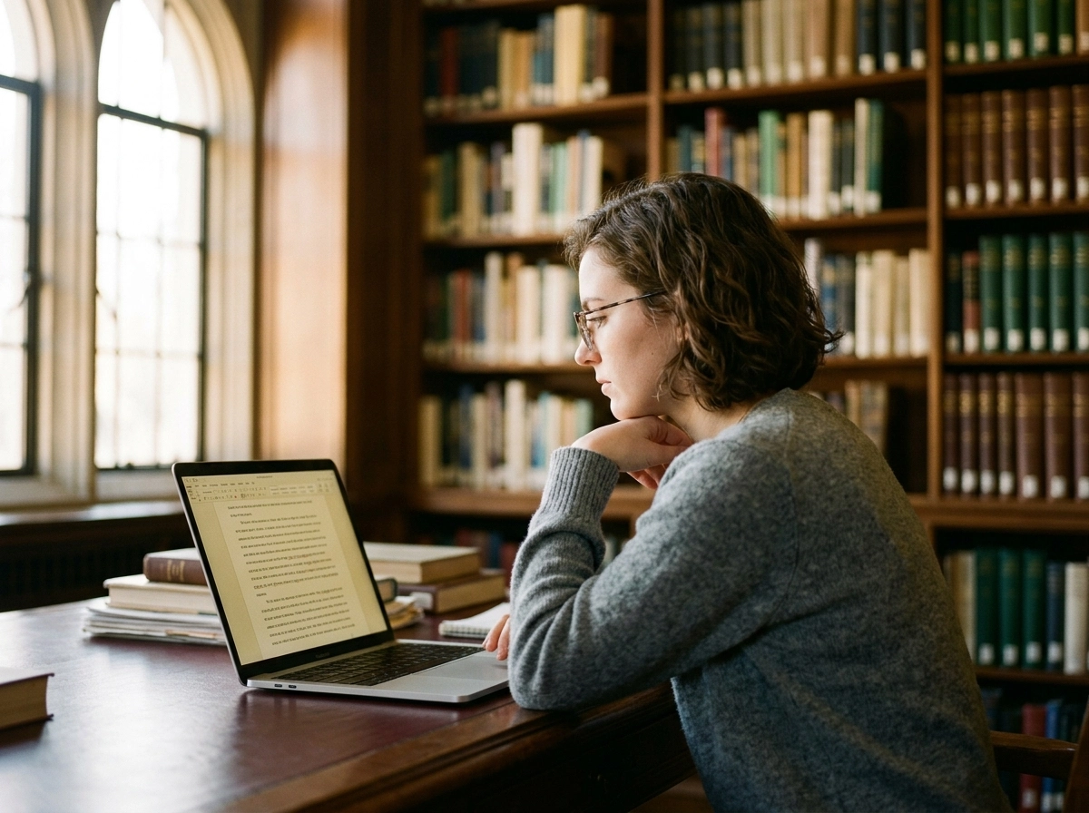 Student using an ai content generator in a library to research machine learning writing.