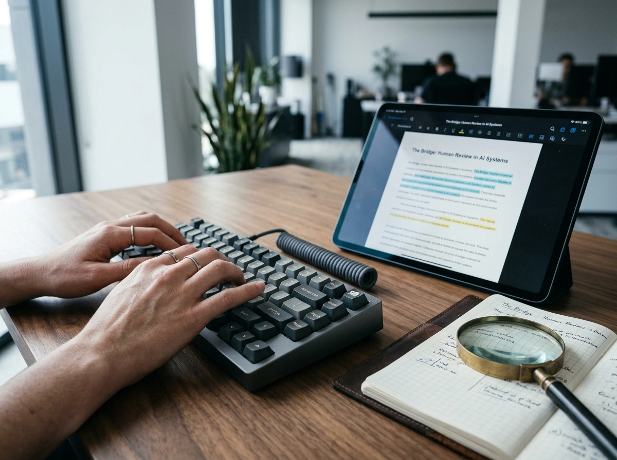 Person using a keyboard to edit automated draft creation on a tablet in an office.