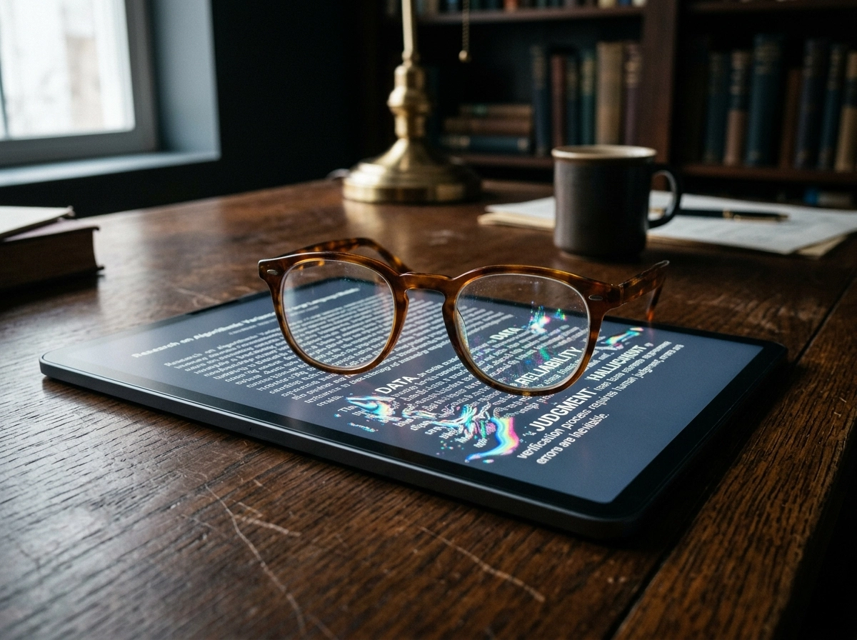 Glasses on a tablet screen showing text, illustrating machine learning writing and ai content generator risks.