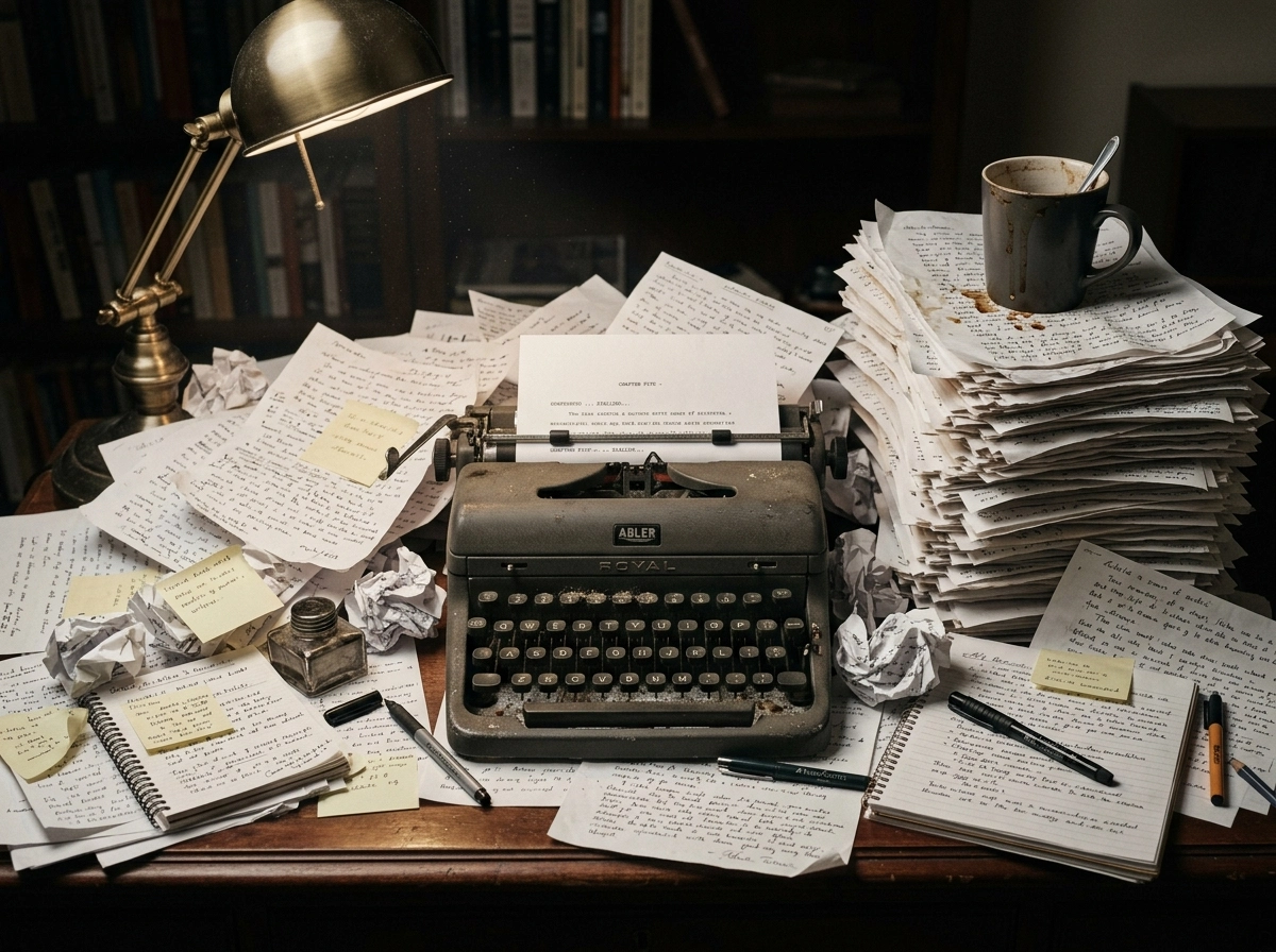 A cluttered desk with a vintage typewriter, contrasting manual drafting with automated blog workflows.
