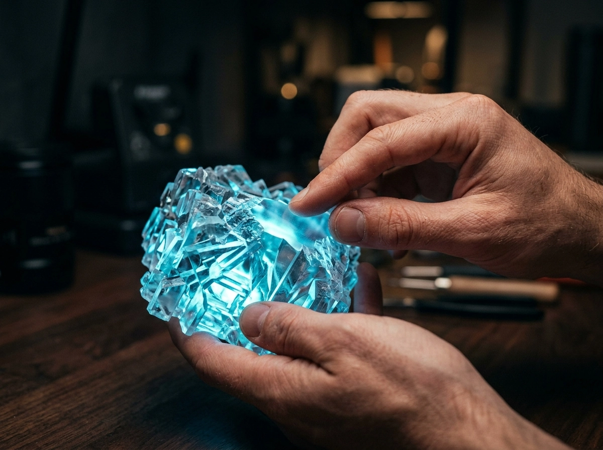 Close-up of hands holding a glowing crystal, representing the innovation of AI content generation.