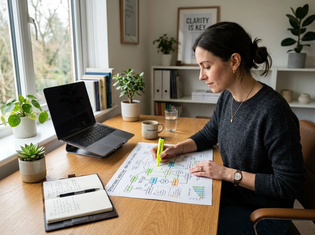 Woman using AI writing software efficiency tools to map out an automated blog workflow.