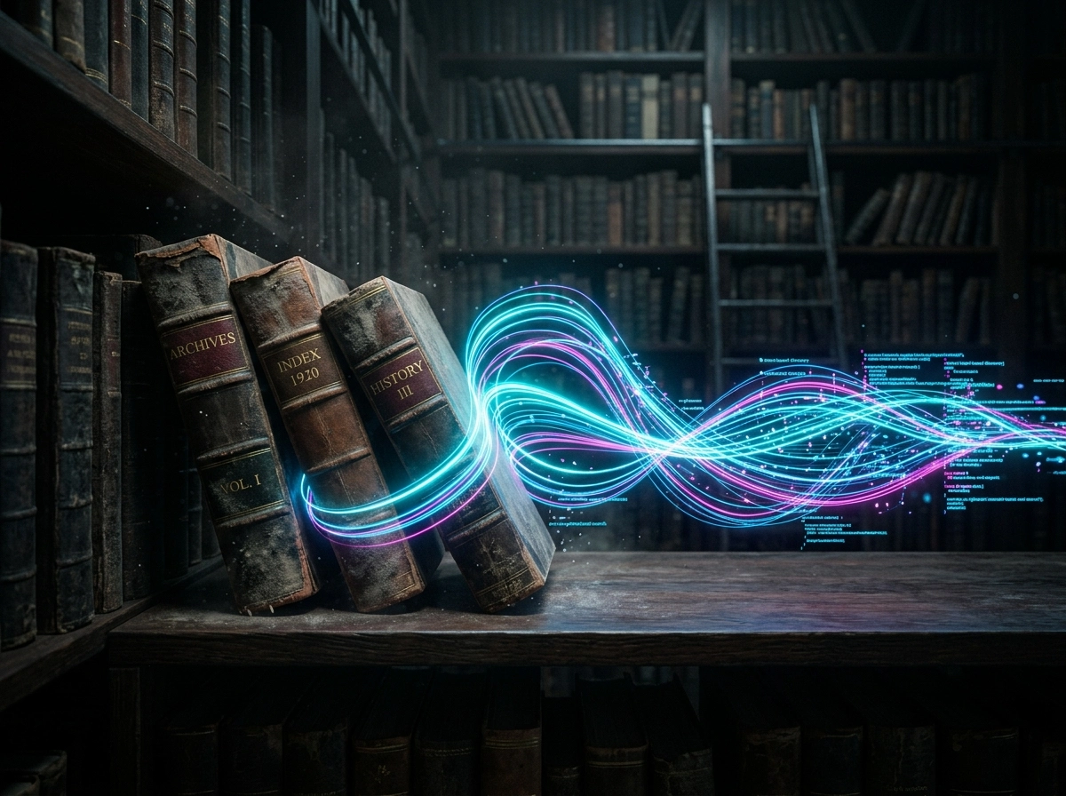 Old books with digital data streams representing long tail keyword software research.