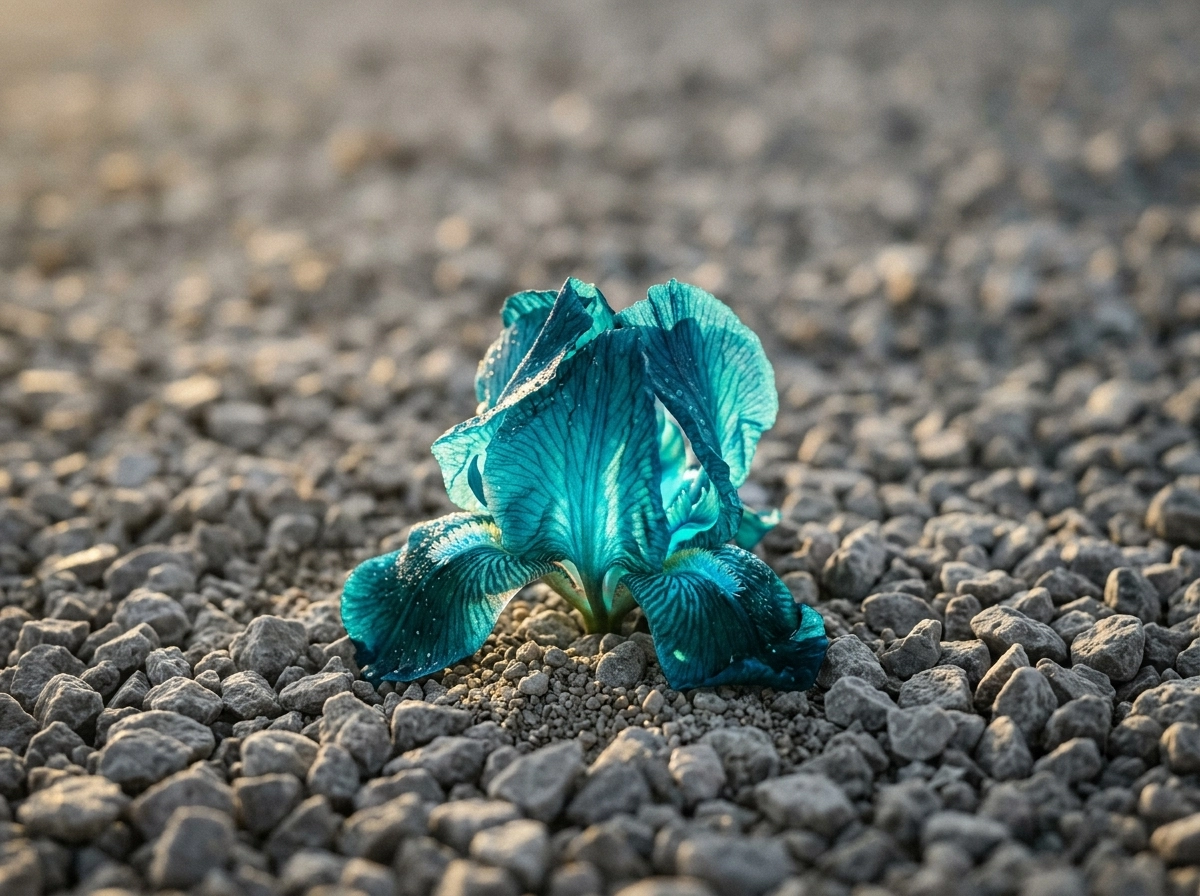 A vibrant blue flower growing in gravel, symbolizing unique long tail keyword software results.