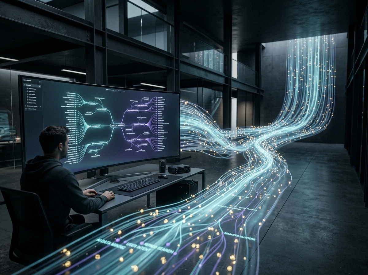 Developer using AI search analysis tools for automated SEO keyword research and data visualization.
