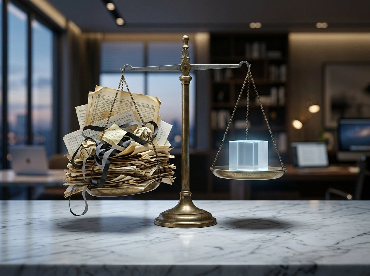 A scale comparing manual paperwork with automated SEO software for efficient search engine optimization.