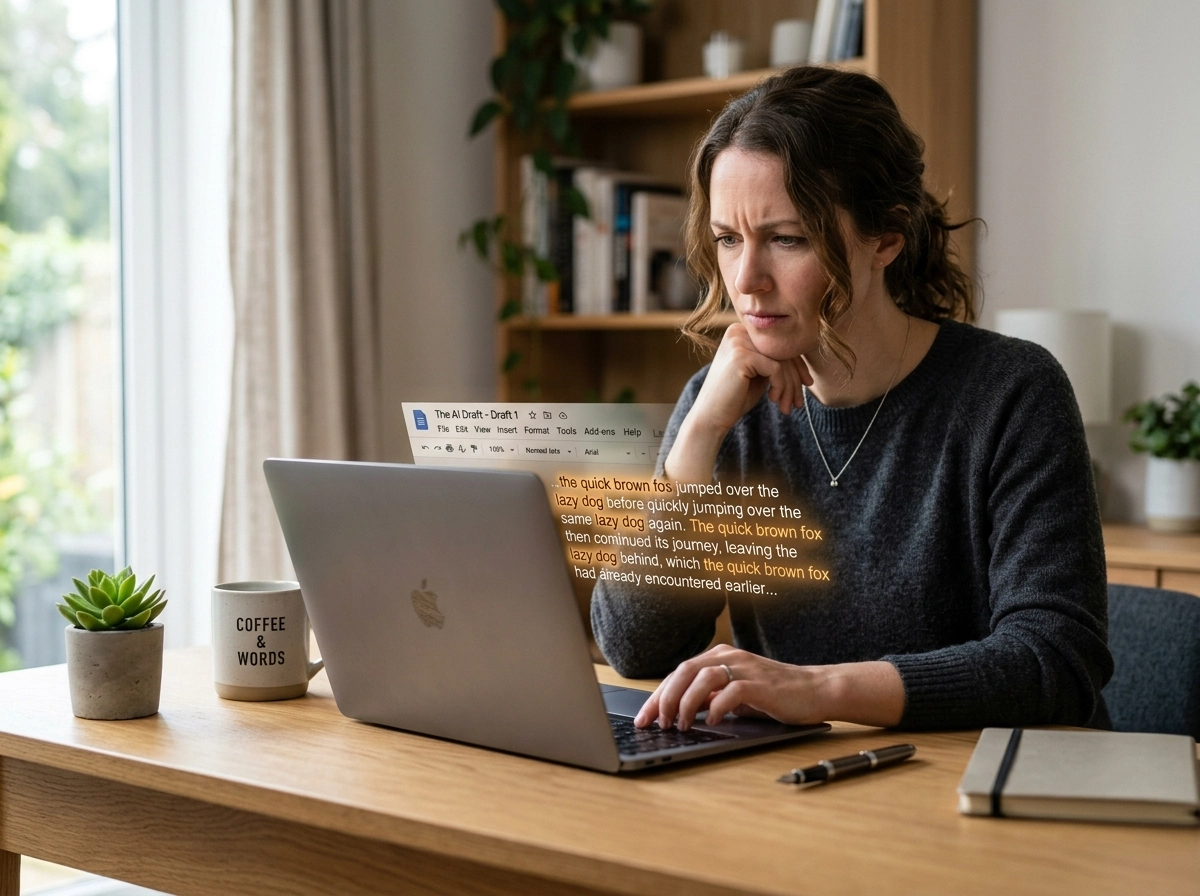 A woman reviewing repetitive AI content on a laptop, highlighting challenges in AI article writing.