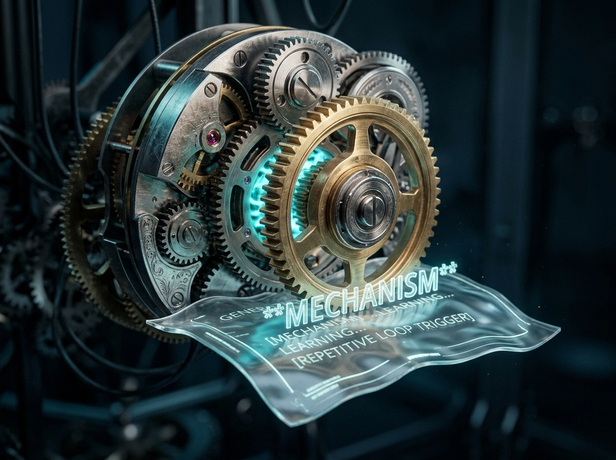 Complex clockwork gears illustrating common AI writing issues and repetitive loop triggers.