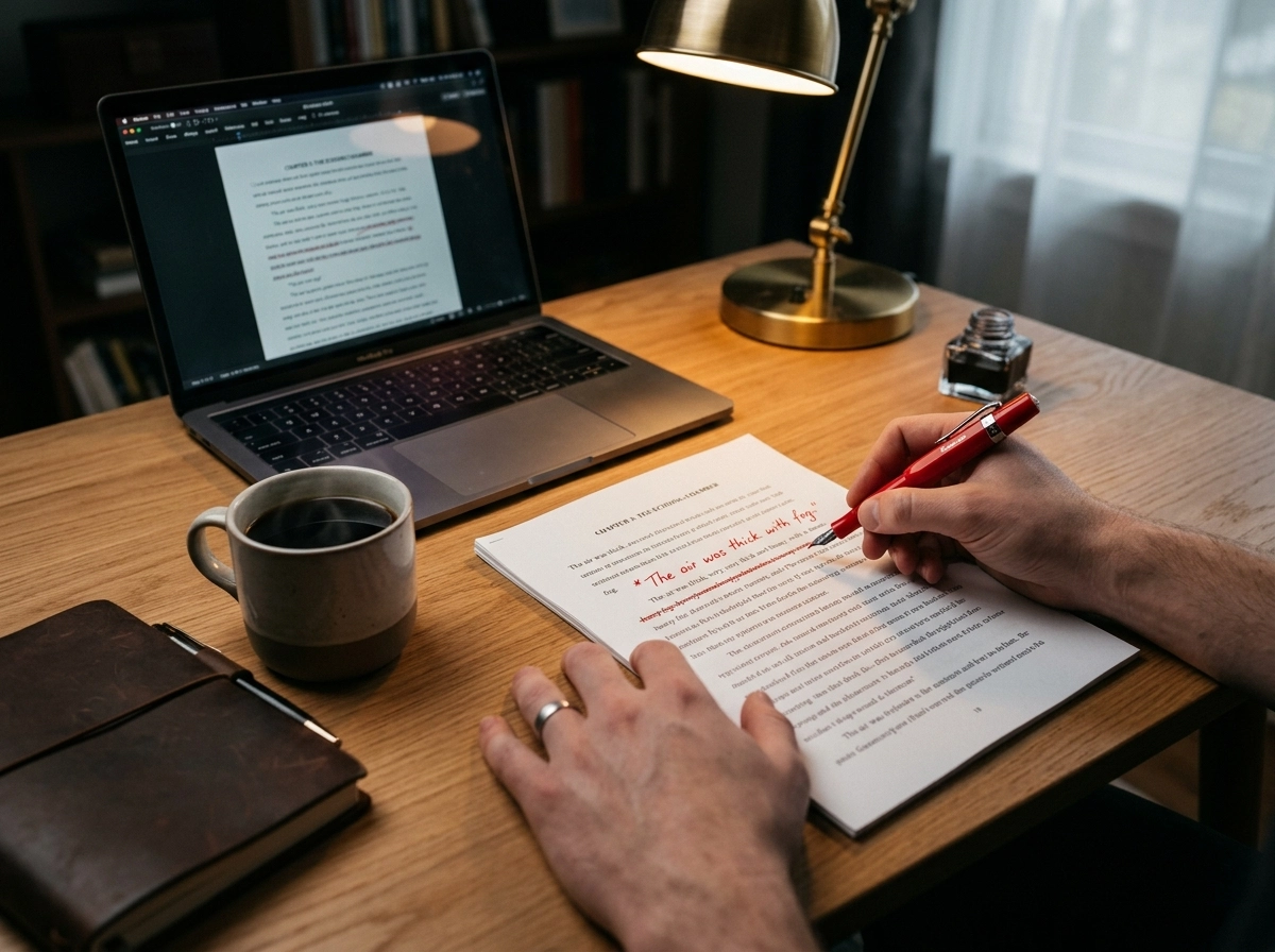 Person editing AI content to fix common AI writing issues and repetition.