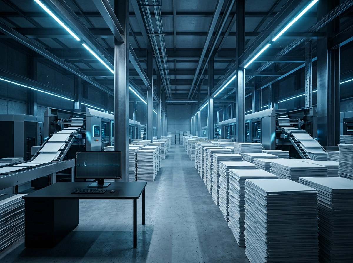 Automated content strategy in a factory setting, representing inefficient AI writing tools.