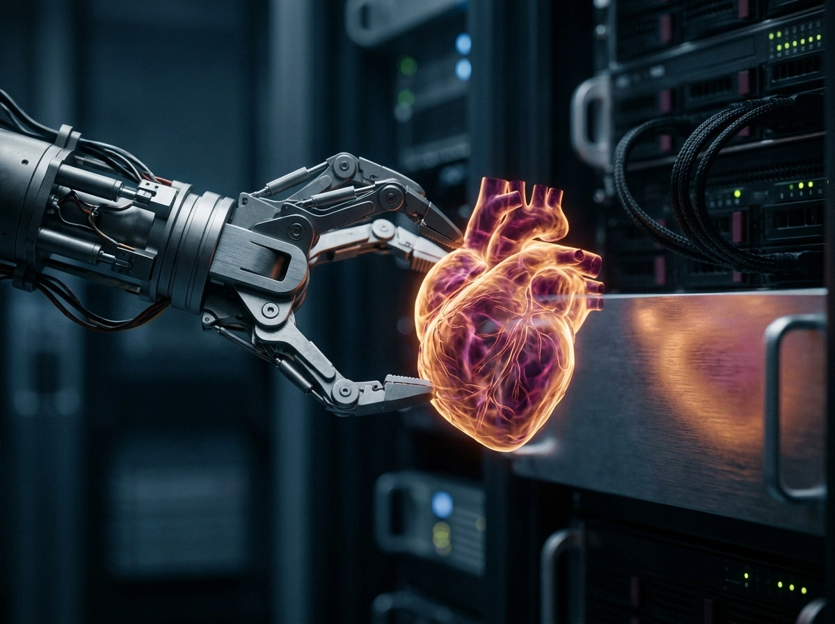 A robotic hand holding a glowing heart, representing the core of an AI content SaaS platform.