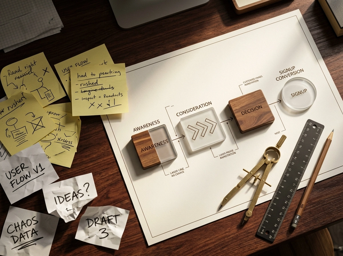 A marketing funnel diagram on a desk, illustrating the strategy for organic search growth.