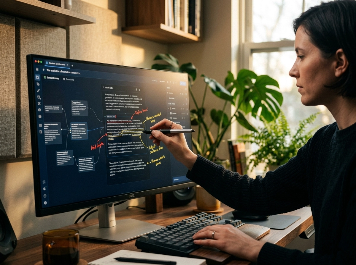 A professional using an AI content creation platform to refine SEO content writing software strategies.
