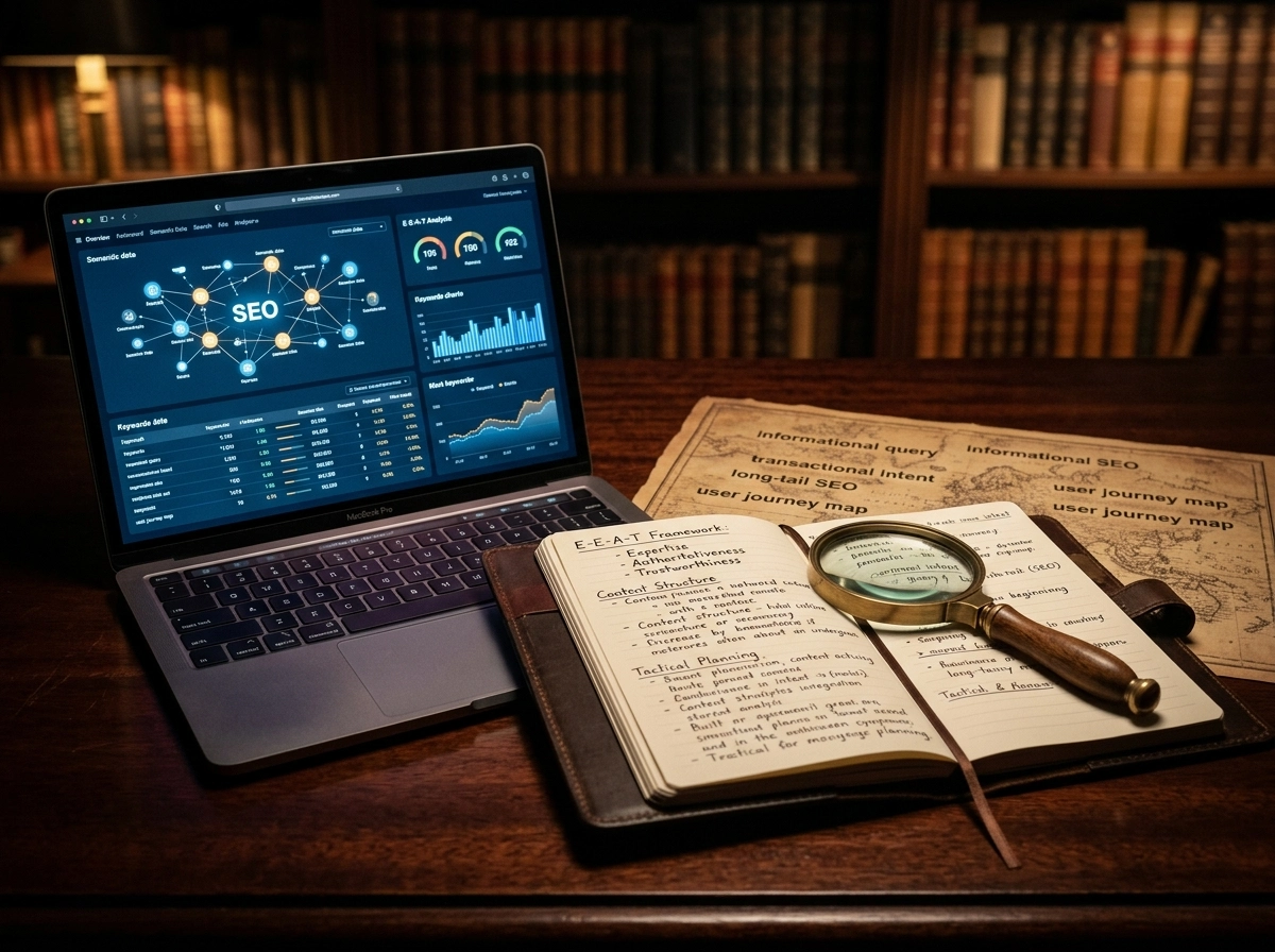 Laptop showing SEO software for businesses alongside notes on organic search growth and E-E-A-T strategy.
