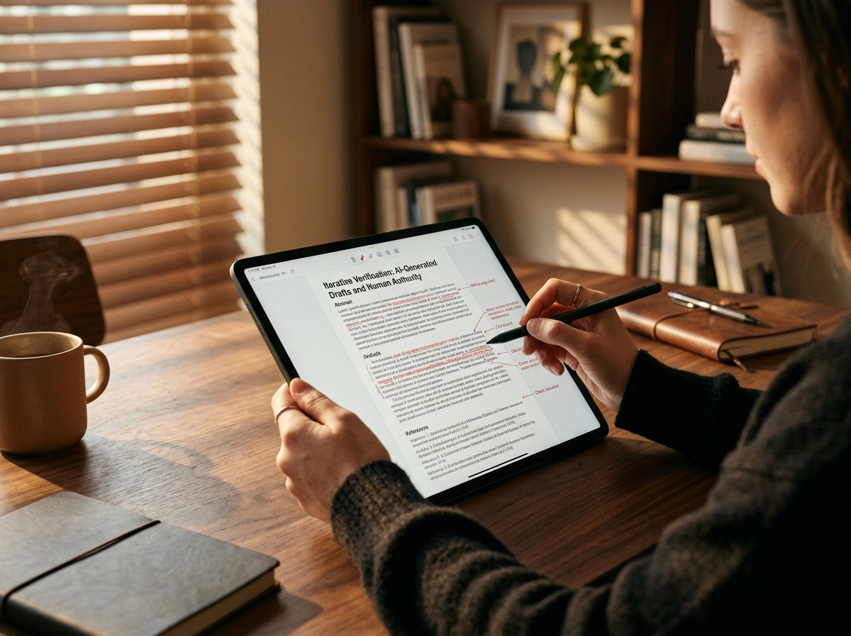 A person editing AI generated text on a tablet, focusing on content originality checks and writing ethics.
