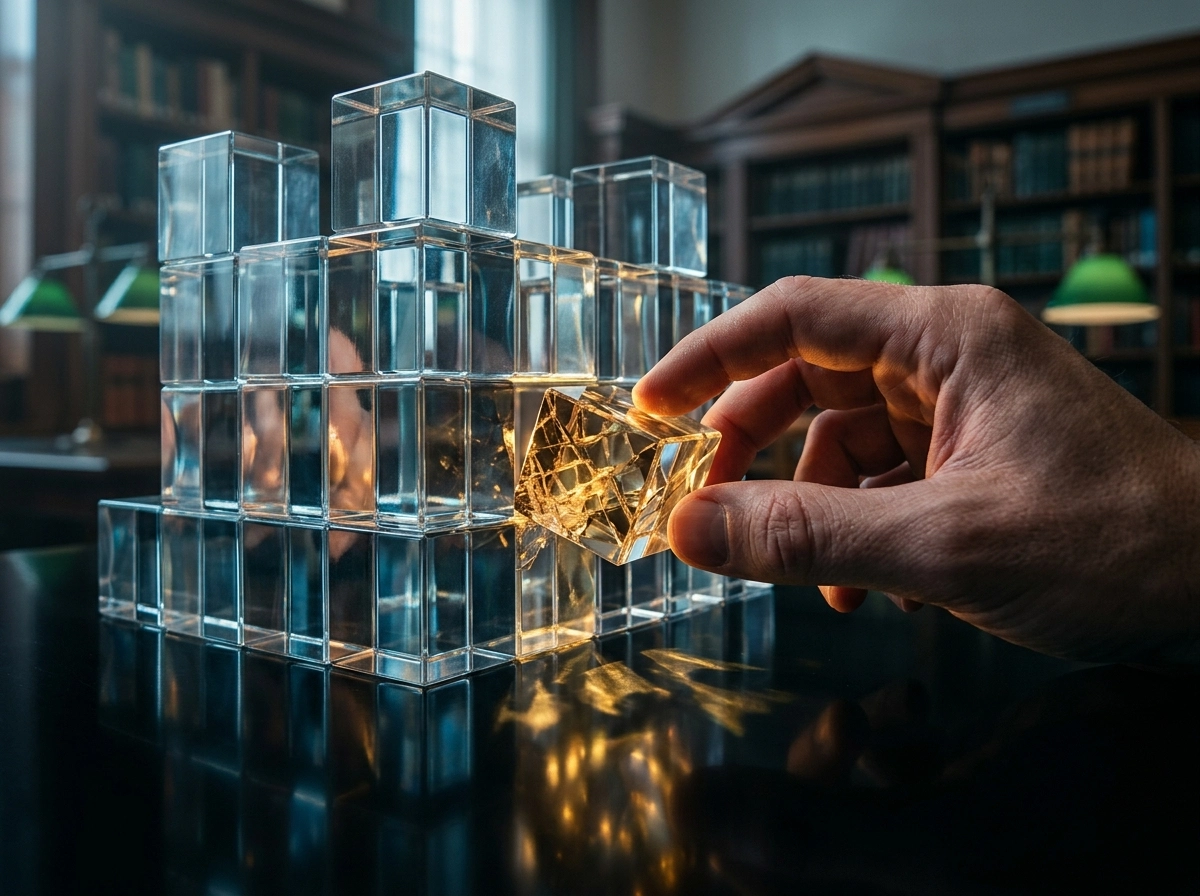 Hand placing a block, symbolizing AI writing ethics and SEO friendly content.