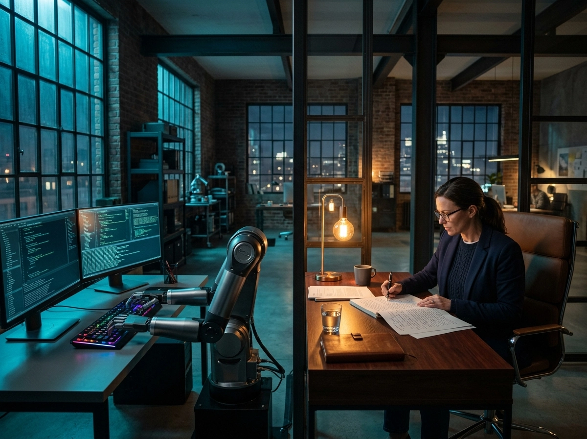 A woman and a robot using an ai text generator for blogs in a modern office for seo friendly content.