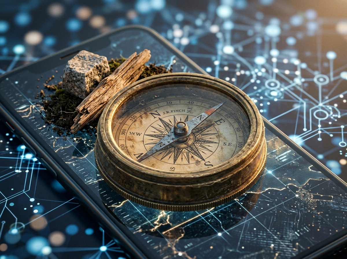 A vintage compass on a smartphone screen, representing search engine optimization tools and strategy.