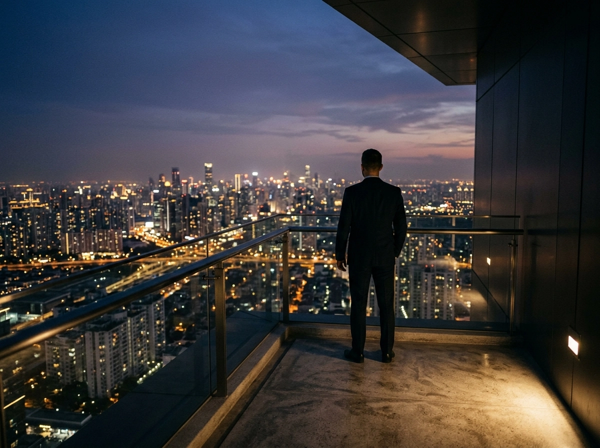 Man in suit looking at city skyline, considering AI writing ethics and Google ranking factors.