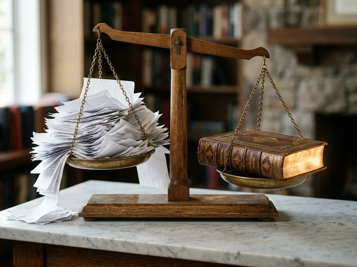 A scale comparing low-quality automated SEO software drafts to a high-quality book.