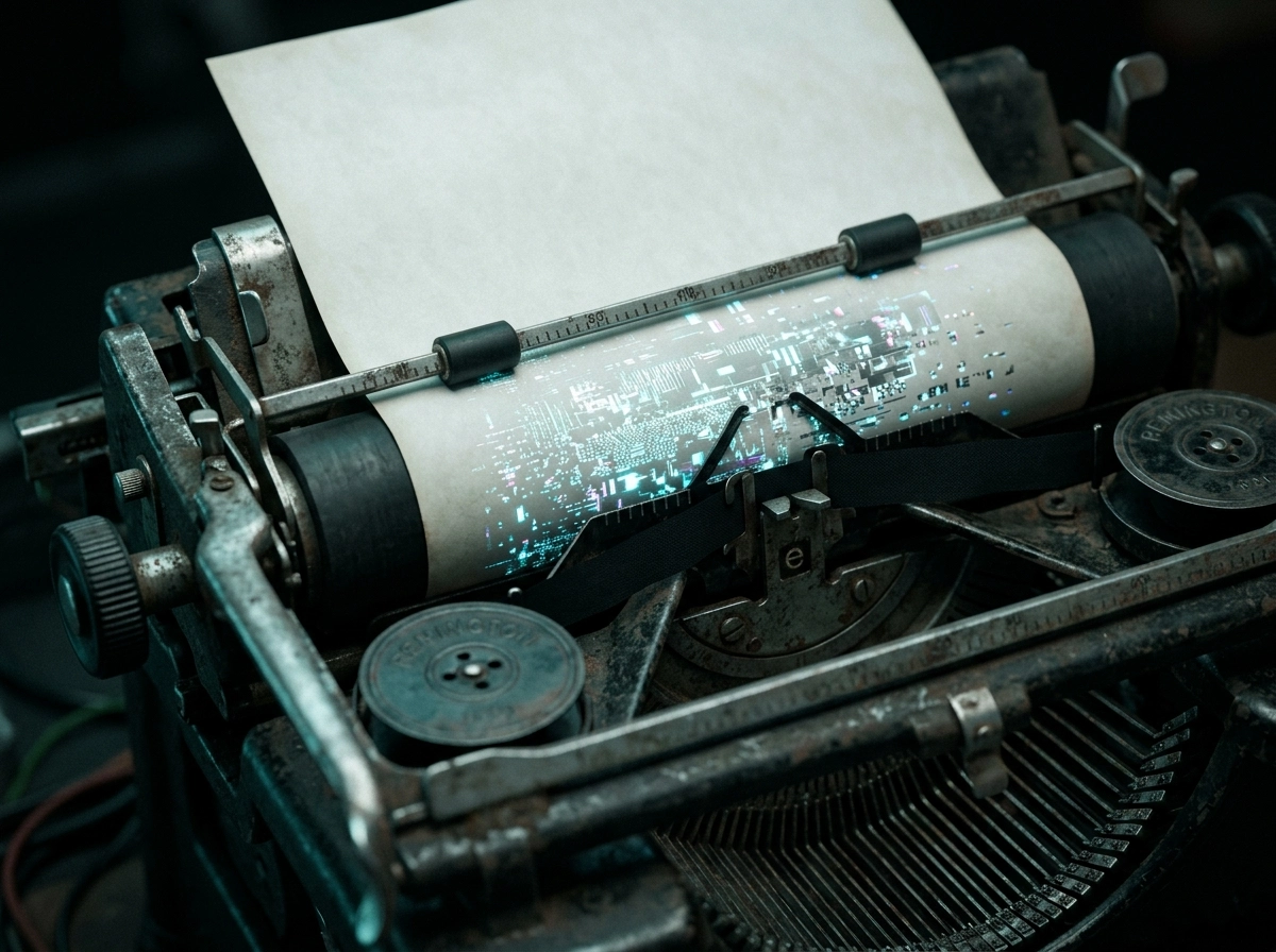 Vintage typewriter with digital code projection, representing an automated blog post creator.