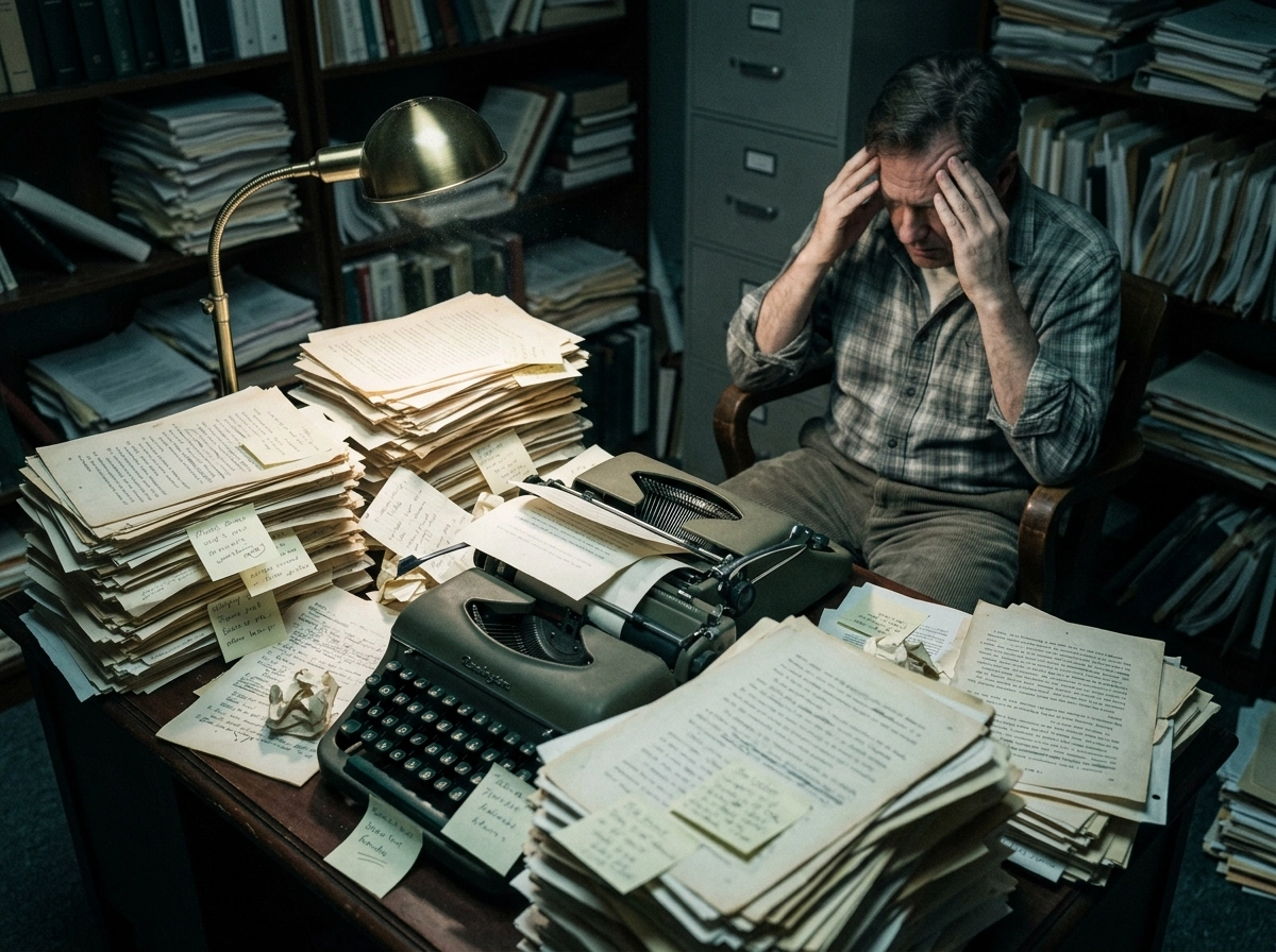 A man overwhelmed by manual writing, highlighting the need for an automated blog post creator.