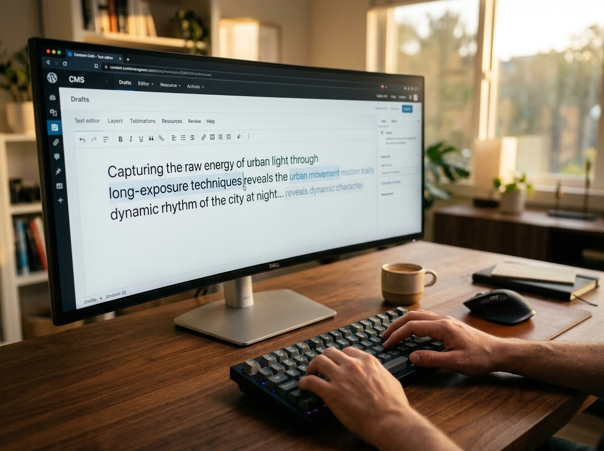 Manual editing of content generated by an automated blog post creator on a computer screen.
