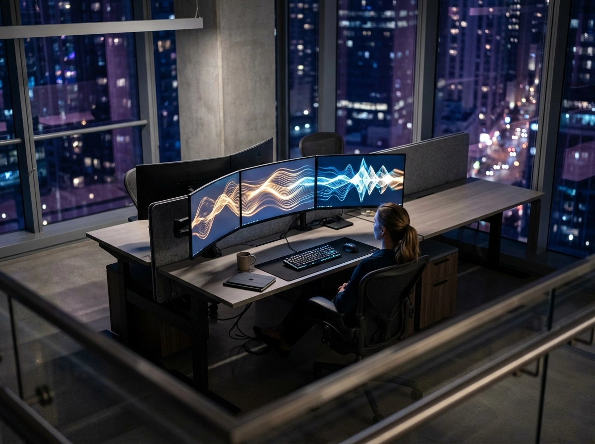 Person using an automated blog post creator on multiple monitors at night.