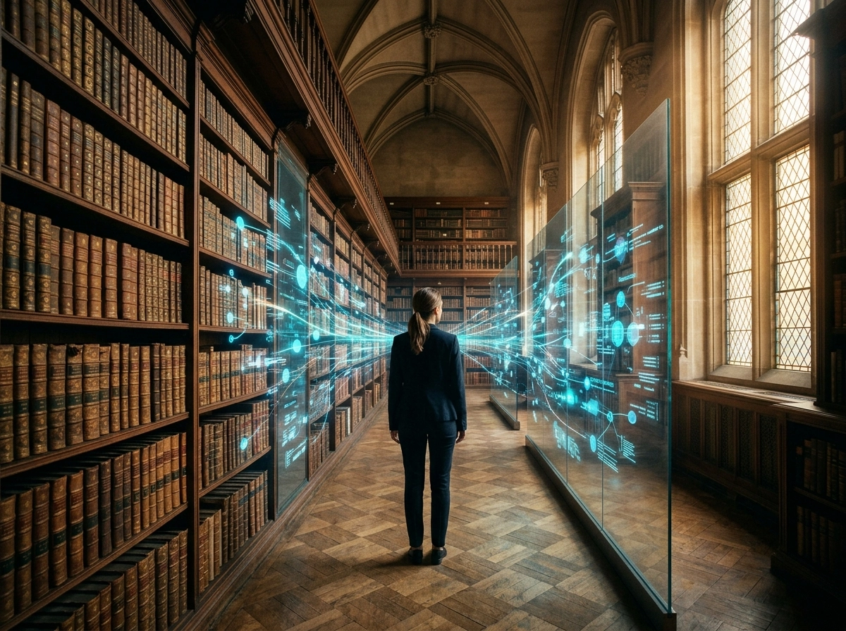 Person in a library using AI search engine optimization tools for building topical clusters.