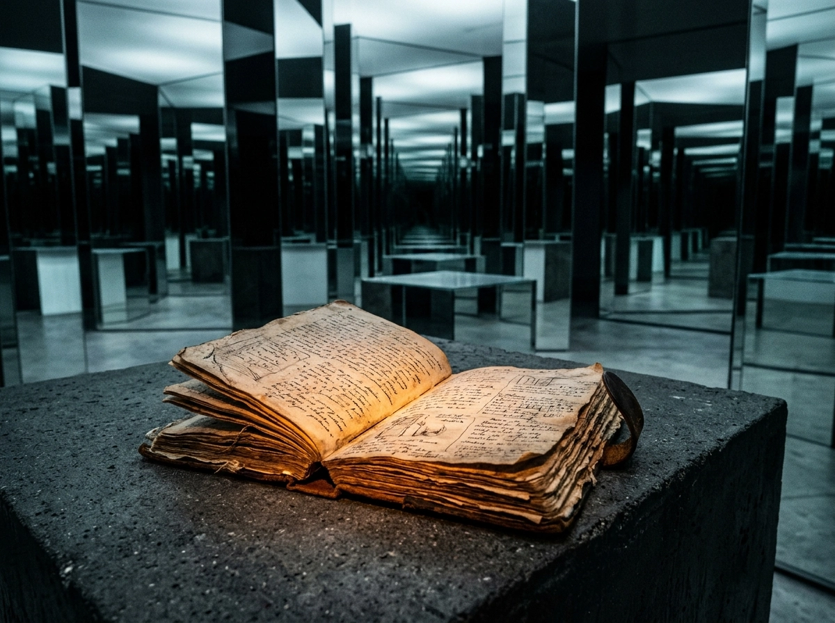 An old book in a mirror maze, representing semantic search strategy and topical authority.