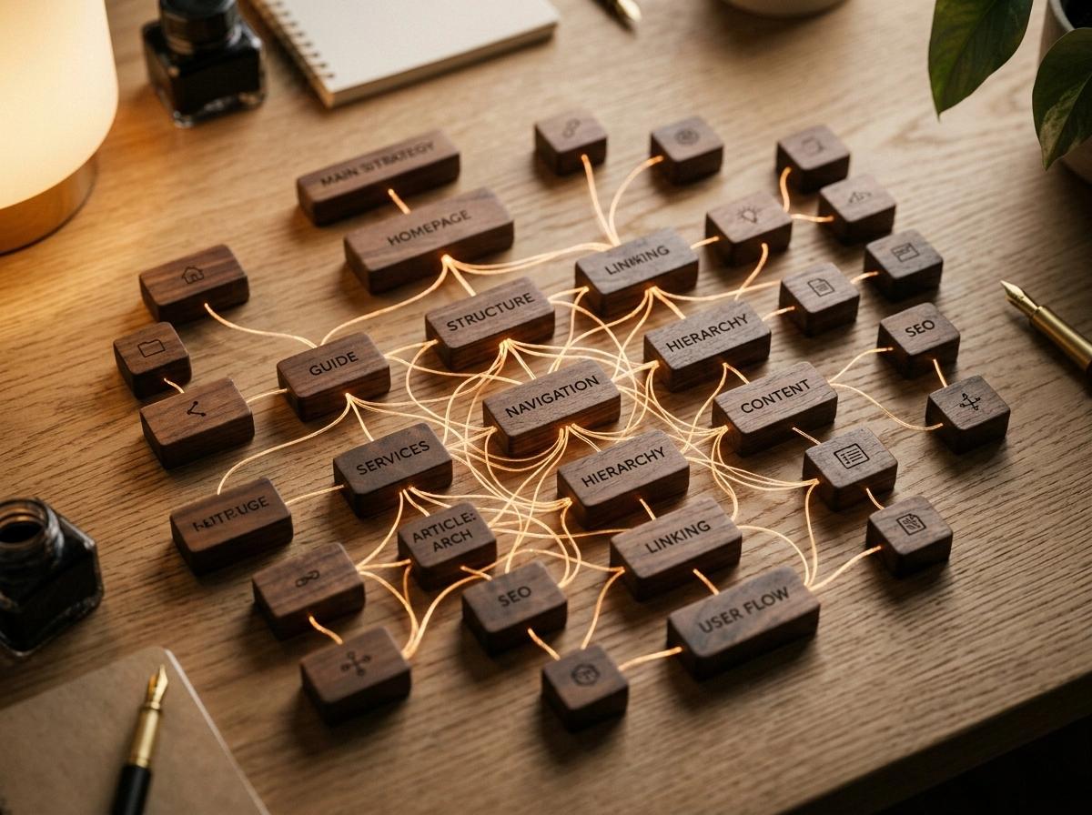 Wooden blocks showing SEO entity mapping for building topical clusters and site structure.