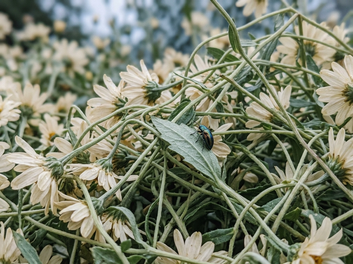 A small beetle on a leaf among white flowers, representing semantic search strategy and topical authority.