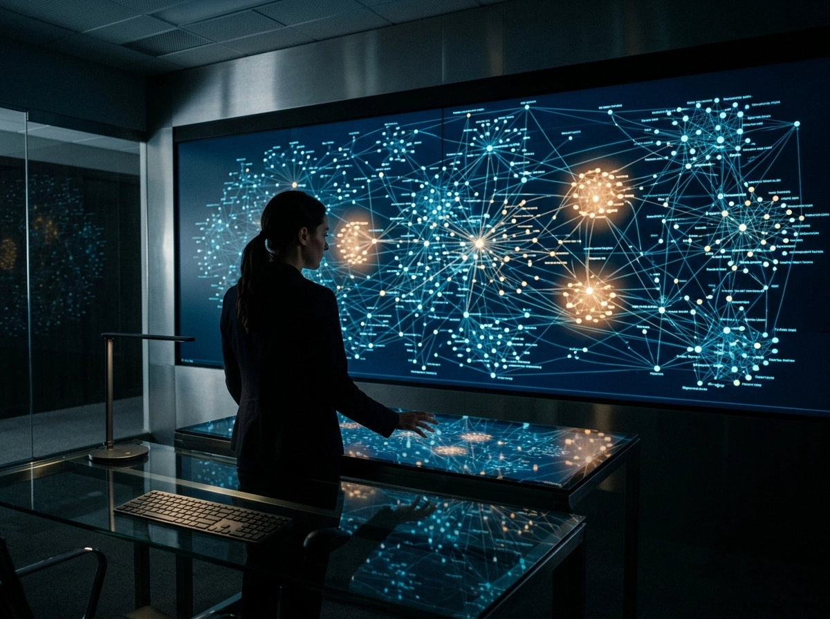 Professional analyzing SEO entity mapping on a digital screen for building topical clusters.