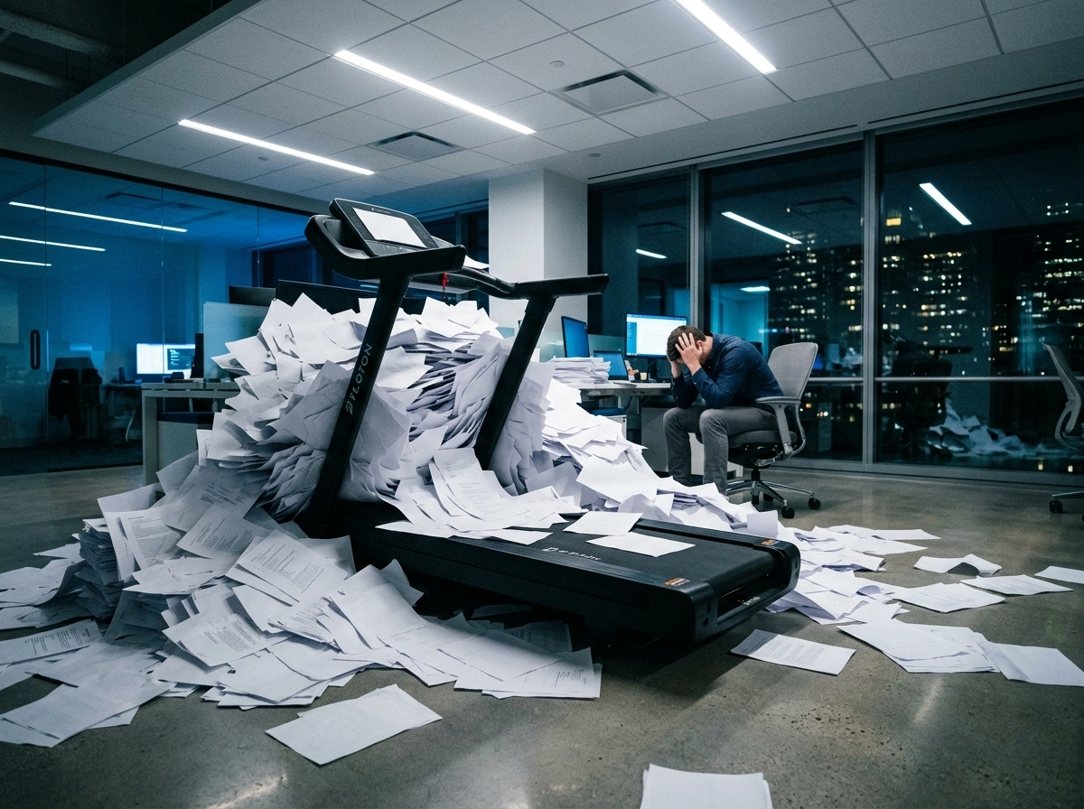Stressed worker overwhelmed by paper, showing why a content creation workflow needs an AI text generator.