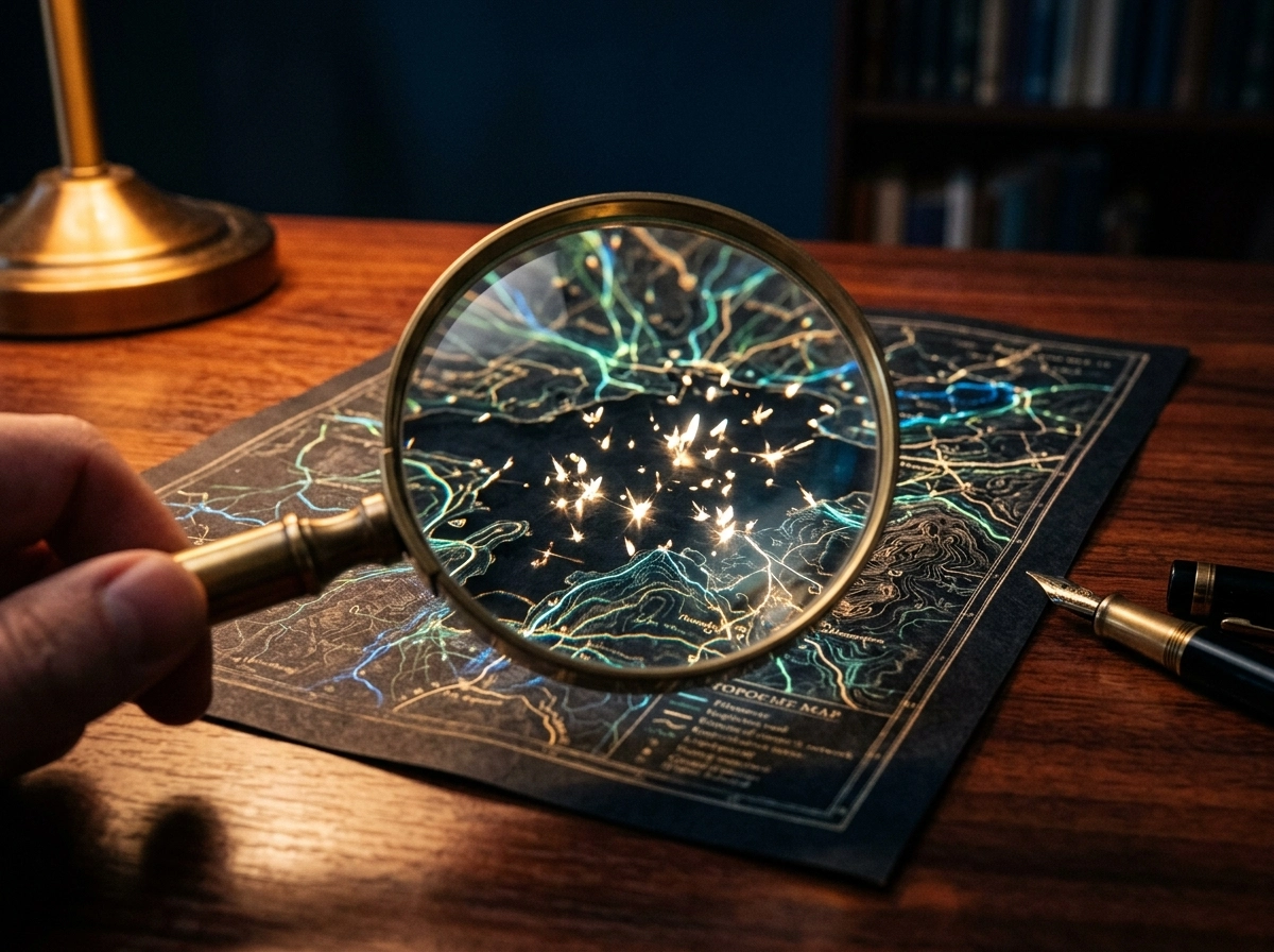 Magnifying glass over a map, representing a niche site content strategy for SEO.