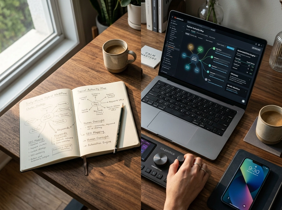 Laptop showing an AI article generator workflow for high-ranking blog posts.