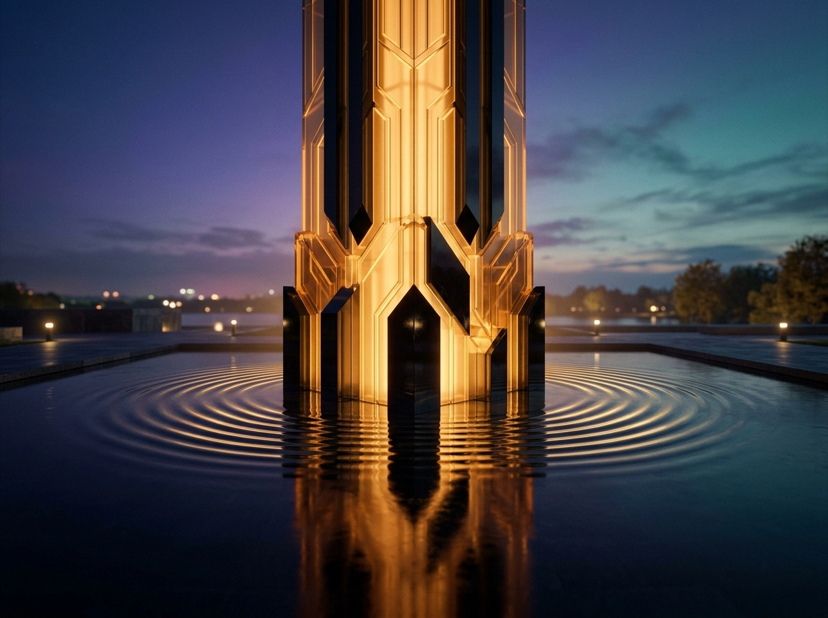 Glowing geometric pillar in water, representing the foundation of a niche site content strategy.
