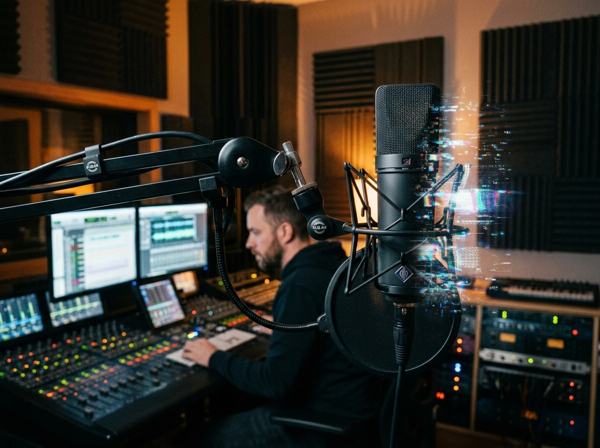 A producer using an ai article generator to create high-ranking blog posts in a studio.