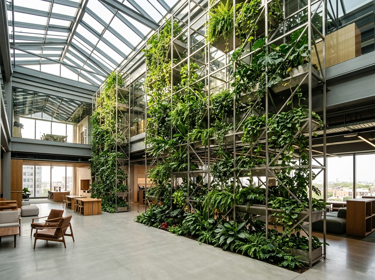 Modern office with a vertical garden, optimized by our niche site content strategy and AI article generator.