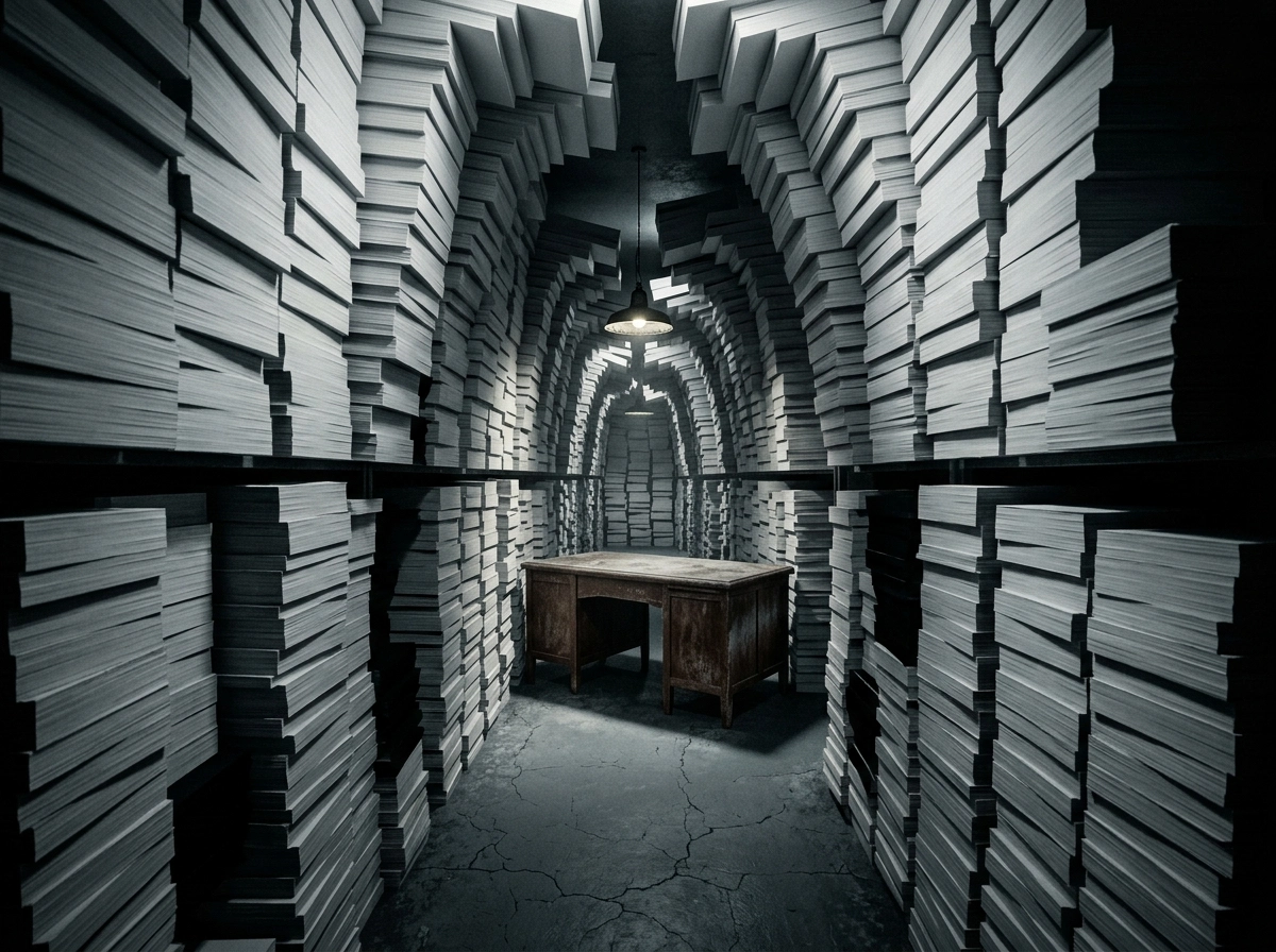 A desk surrounded by massive stacks of paper, illustrating the need for niche site content automation.